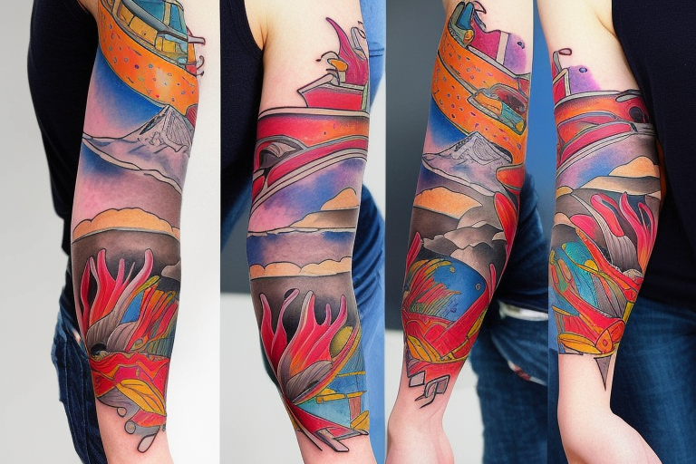 Bright tattoo sleeve for the photographer. Santorini and volcano tattoo idea