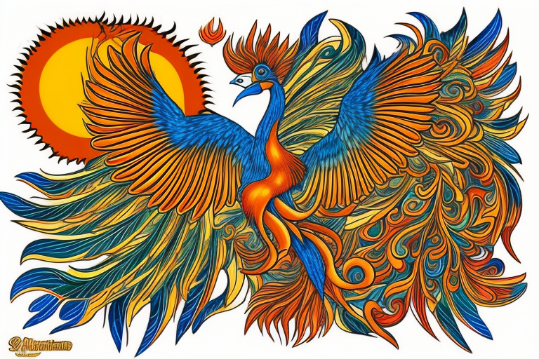 A big zarathustra sun with gold and orange shines and a infront of it the big Red and orange phoenix from the neck with two great fire wings and tale of flames and peacock feathers in green and blue tattoo idea