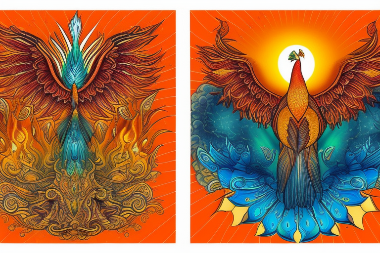 A big zarathustra sun with gold and orange shines and a infront of it the big Red and orange phoenix from the neck with two great fire wings and tale of flames and peacock feathers in green and blue tattoo idea