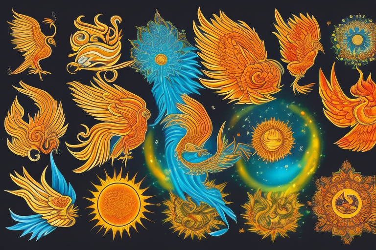 A big zarathustra sun with gold and orange shines and a infront of it the big Red and orange phoenix from the neck with two great fire wings and tale of flames and peacock feathers in green and blue tattoo idea