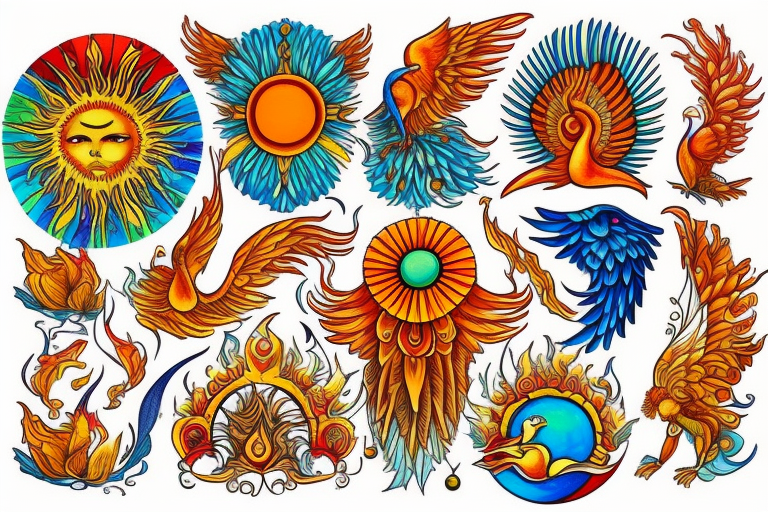 A big zarathustra sun with gold and orange shines and a infront of it the big Red and orange phoenix from the neck with two great fire wings and tale of flames and peacock feathers in green and blue tattoo idea