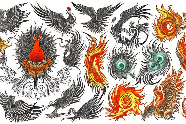 A big zarathustra sun with gold and orange shines and a infront of it the big Red and orange phoenix from the neck with two great fire wings and tale of flames and peacock feathers in green and blue tattoo idea