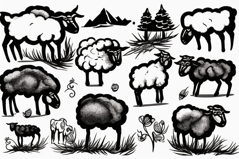 6 sheep on a hilltop scene tattoo idea