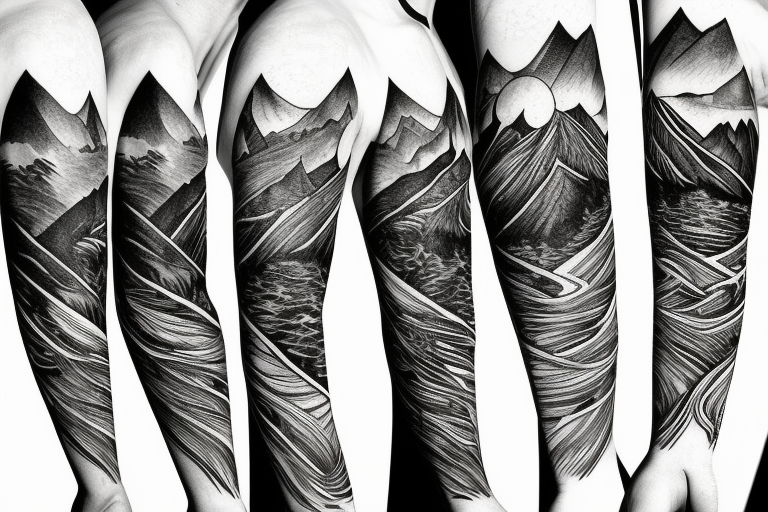 Tattoo design with mountains, flowers and waterfall on Craiyon