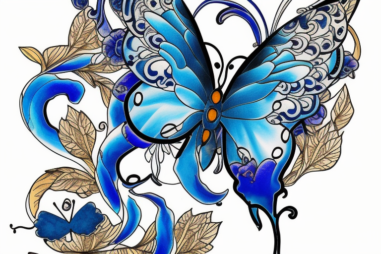 a butterfly made of a blue and white ming vase broken and glued back together with goldleaf tattoo idea