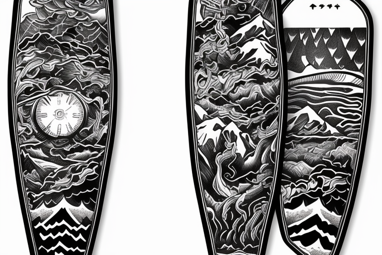 snowboard draw only of the board within powder conditions as a fine line tattoo, draw only the board and minimal surrounding tattoo idea