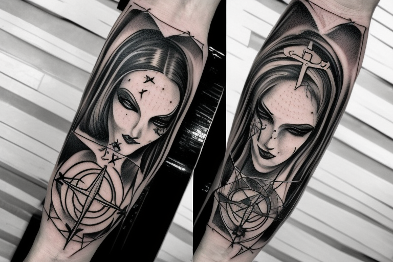 Satanic Demonic women arm sleeve  eerie upside down cross on forehead lanterns tattoo idea