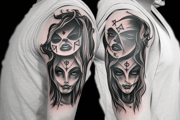 Satanic Demonic women arm sleeve  eerie upside down cross on forehead lanterns tattoo idea