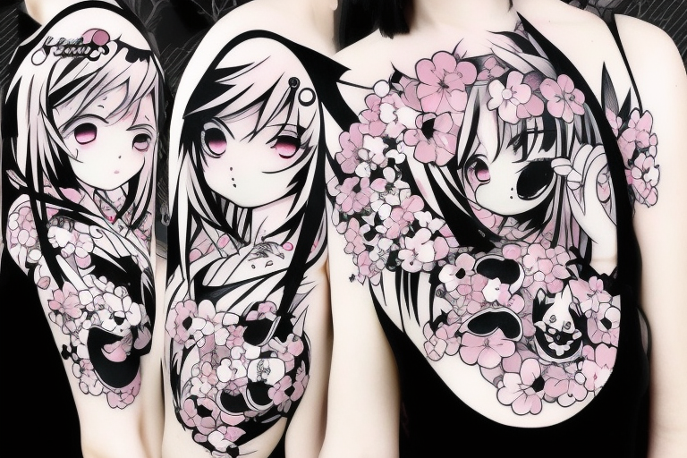 Anime style kemonomimi, surrounded by sakura trees, face shot, upper arm tattoo tattoo idea