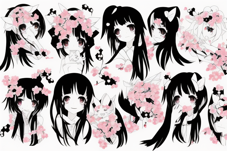 Anime style kemonomimi, surrounded by sakura trees, face shot, upper arm tattoo tattoo idea