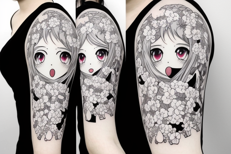 Anime style kemonomimi, surrounded by sakura trees, face shot, upper arm tattoo tattoo idea