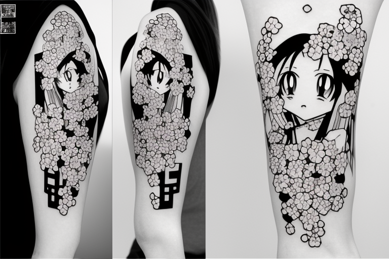 Anime style kemonomimi, surrounded by sakura trees, face shot, upper arm tattoo tattoo idea