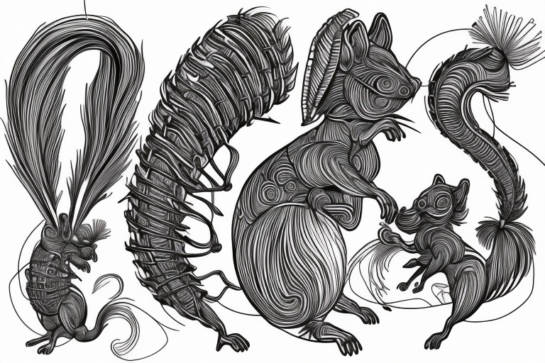 the interlacing of the line in the trable style, the contour resembles an attacking squirrel with tassels on the ears, which stretches behind the nut, the head at the bottom, the tail at the top tattoo idea