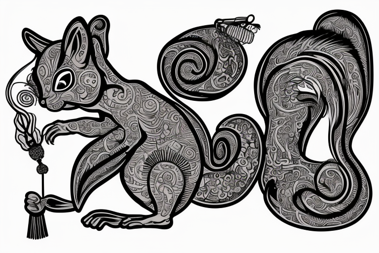 the interlacing of the line in the trable style, the contour resembles an attacking squirrel with tassels on the ears, which stretches behind the nut, the head at the bottom, the tail at the top tattoo idea