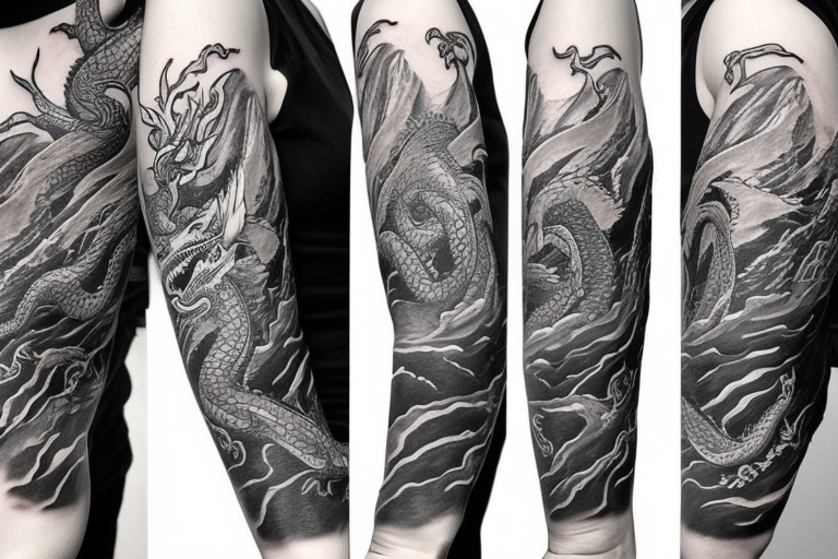 tattoo featuring an ascending dragon with silk-like hair and long claws on feet
dragon is to be clawing a mountain with rocks breaking from the dragon's claws as it climbs
high detail
energetic
proud tattoo idea