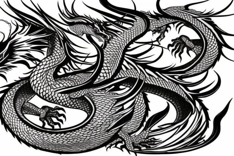 tattoo featuring an ascending dragon with silk-like hair and long claws on feet
dragon is to be clawing a mountain with rocks breaking from the dragon's claws as it climbs
high detail
energetic
proud tattoo idea