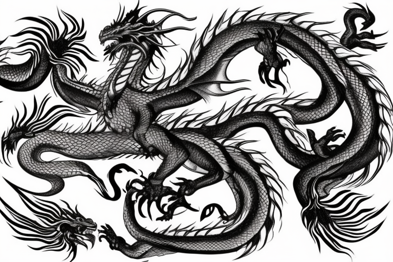 tattoo featuring an ascending dragon with silk-like hair and long claws on feet
dragon is to be clawing a mountain with rocks breaking from the dragon's claws as it climbs
high detail
energetic
proud tattoo idea