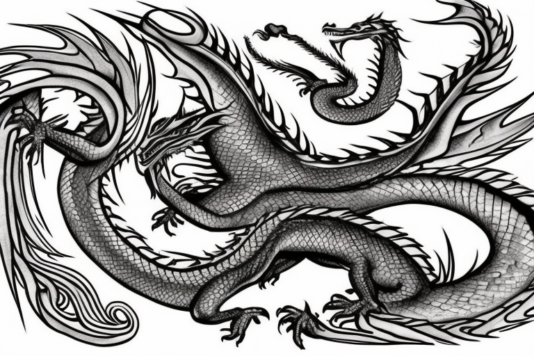 tattoo featuring an ascending dragon with silk-like hair and long claws on feet
dragon is to be clawing a mountain with rocks breaking from the dragon's claws as it climbs
high detail
energetic
proud tattoo idea