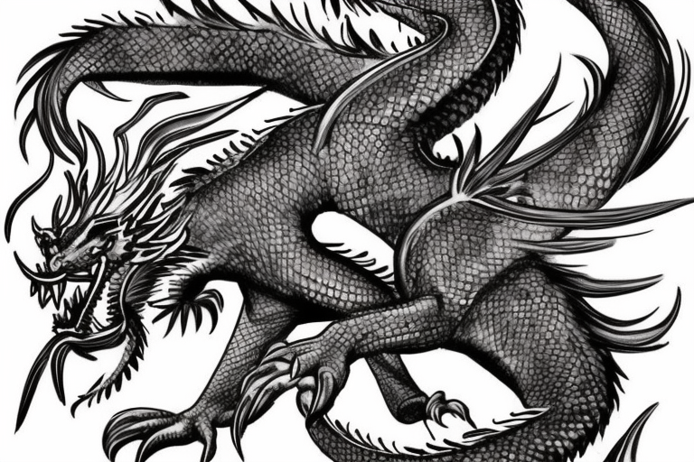 tattoo featuring an ascending dragon with silk-like hair and long claws on feet
dragon is to be clawing a mountain with rocks breaking from the dragon's claws as it climbs
high detail
energetic
proud tattoo idea