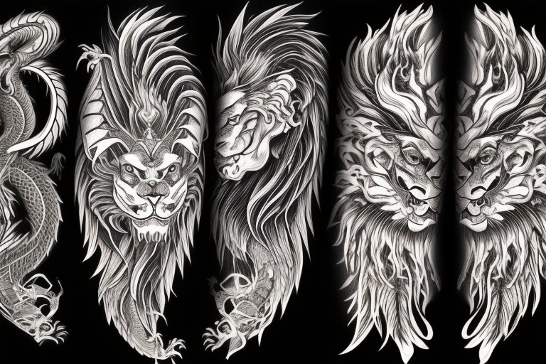 tottem pole shape
dragon and lion
lions mane
dragon wings
abstract negative space
divinely illuminated
full colour
dark tattoo idea