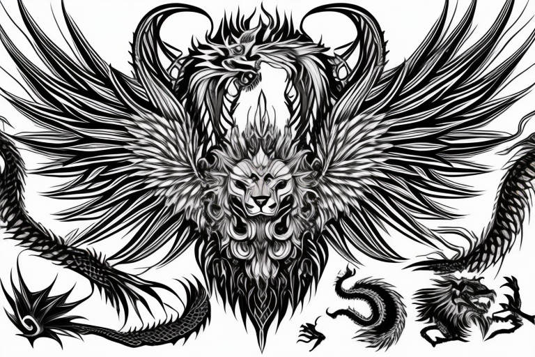 tottem pole shape
dragon and lion
lions mane
dragon wings
abstract negative space
divinely illuminated
full colour
dark tattoo idea