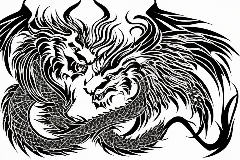 tottem pole shape
dragon and lion
lions mane
dragon wings
abstract negative space
divinely illuminated
full colour
dark tattoo idea