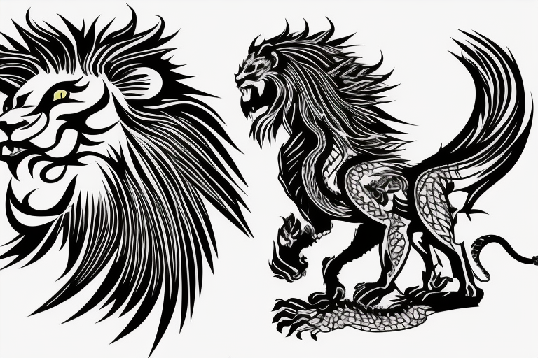 lion and dragon, pegasus, shaman, totem pole, abstract negative space, not ugly, expressive, colour, trippy, lions mane, dragon feet, sharp claws, silky hair, aggressive tattoo idea