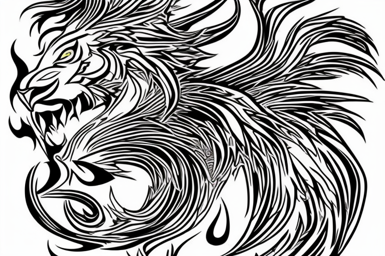 lion and dragon, pegasus, shaman, totem pole, abstract negative space, not ugly, expressive, colour, trippy, lions mane, dragon feet, sharp claws, silky hair, aggressive tattoo idea