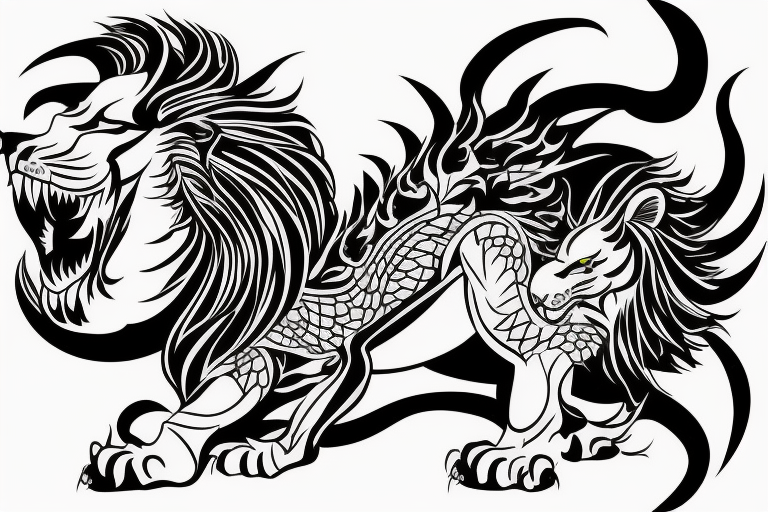 lion and dragon, pegasus, shaman, totem pole, abstract negative space, not ugly, expressive, colour, trippy, lions mane, dragon feet, sharp claws, silky hair, aggressive, not too many lines tattoo idea