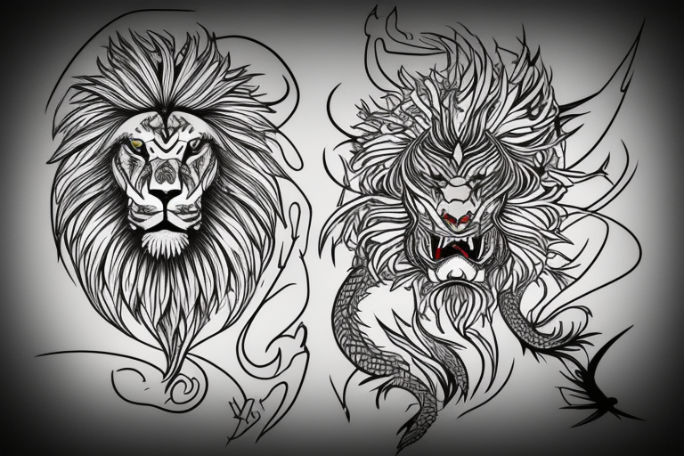 lion and dragon, pegasus, shaman, totem pole, abstract negative space, not ugly, expressive, colour, trippy, lions mane, dragon feet, sharp claws, silky hair, aggressive, not too many lines tattoo idea