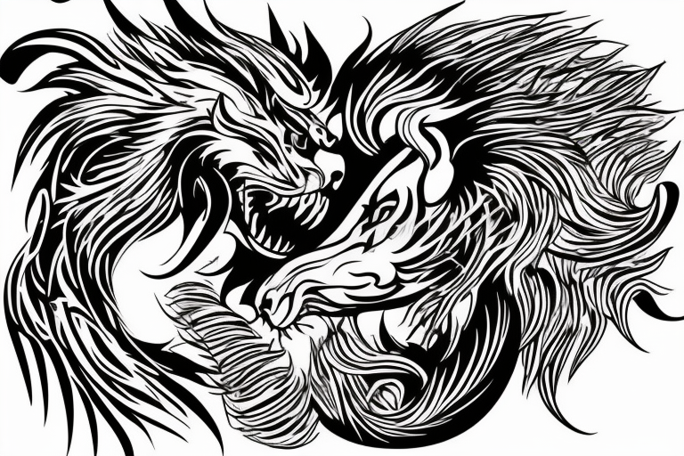 lion and dragon, pegasus, shaman, totem pole, abstract negative space, not ugly, expressive, colour, trippy, lions mane, dragon feet, sharp claws, silky hair, aggressive, not too many lines tattoo idea