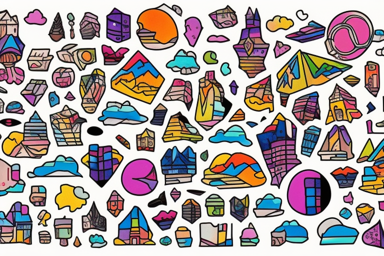 city colourful landscape anime style. Small tattoo, similar to a sticker. Rectangle shape tattoo idea