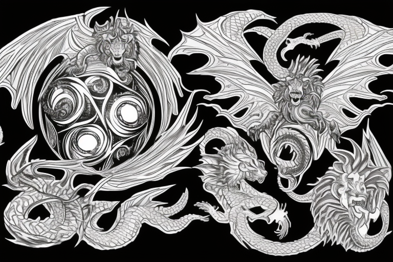 chimera, dragons wings, lions mane, crystal ball, shaman, dark, vertical, horns, dragons claws, shadow, snake tail, trippy, shoulder sleeve tattoo, feet on crystal ball tattoo idea