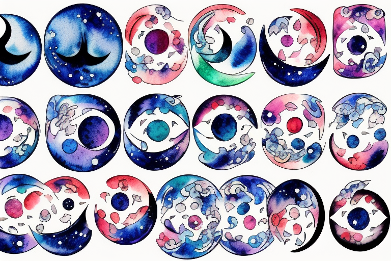 Moon phases in a Japanese watercoloured artstyle tattoo idea