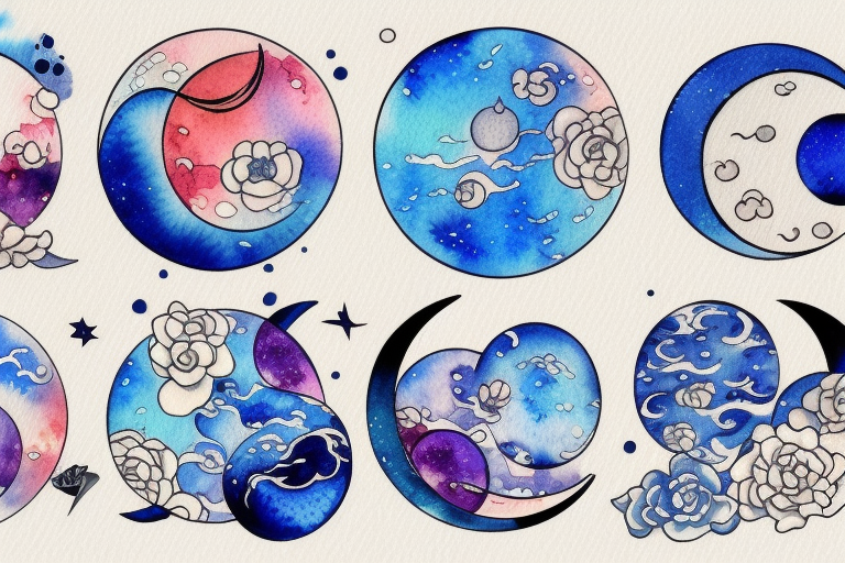 Moon phases in a Japanese watercoloured artstyle tattoo idea