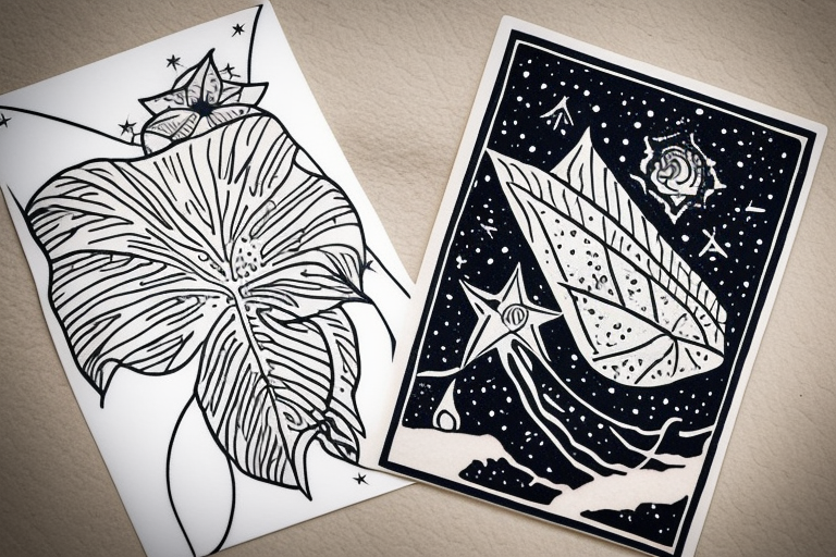 The star tarot card with water from a river along the edge and a starry background. Monstera deliciosa leaves in the bottom half of the card. XVII in the border. tattoo idea