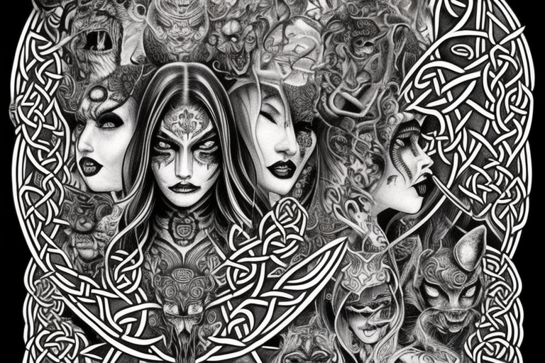 Celtic Demon Woman Gorgeous Wicked smirk Fierce Feral Intricate Detailed Elaborate Comprehensive Runic Gorgeous Expanded tattoo idea