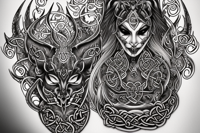 Celtic Demon Woman Gorgeous Wicked smirk Fierce Feral Intricate Detailed Elaborate Comprehensive Runic Gorgeous Expanded tattoo idea