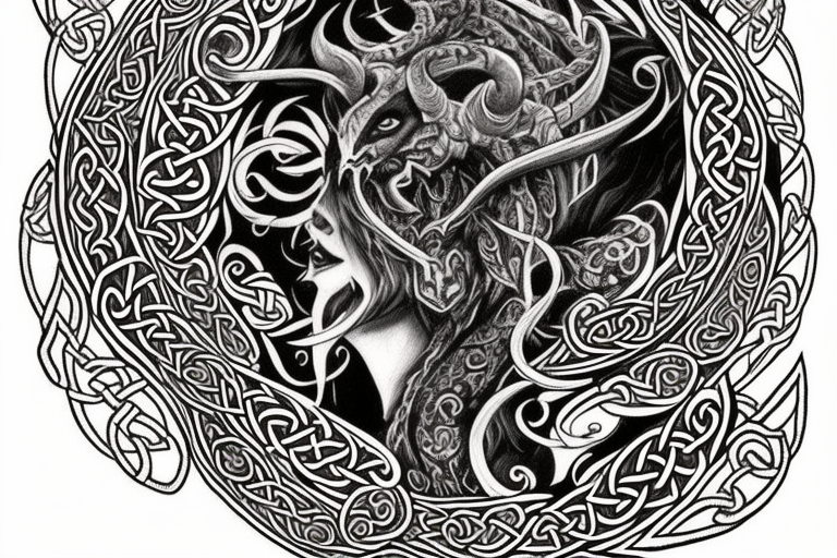 Celtic Demon Woman Gorgeous Wicked smirk Fierce Feral Intricate Detailed Elaborate Comprehensive Runic Gorgeous Expanded tattoo idea