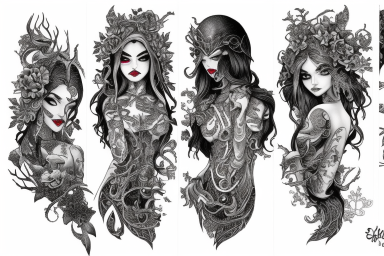 Female Elven Woman Oni Intense Elaborate Intricate Comprehensive Detailed Gorgeous Vibrant tattoo idea