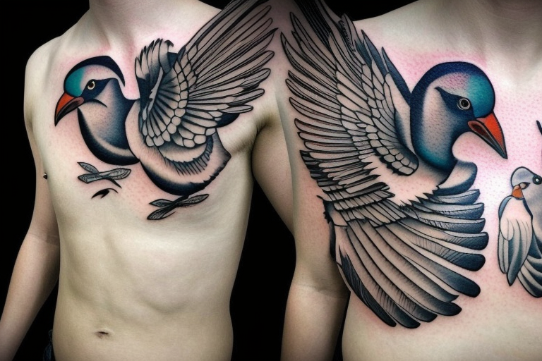 Religious Tattoo Chest Piece with Black and Grey Roses and Doves