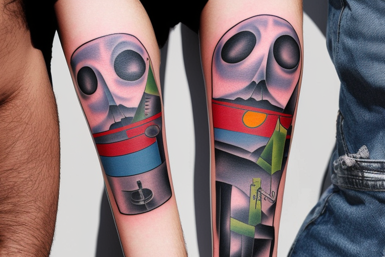 Colorful bright arm sleeve izumi apocalyptic industrial tattoo idea