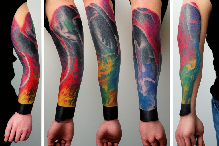 Colorful bright arm sleeve izumi apocalyptic industrial tattoo idea