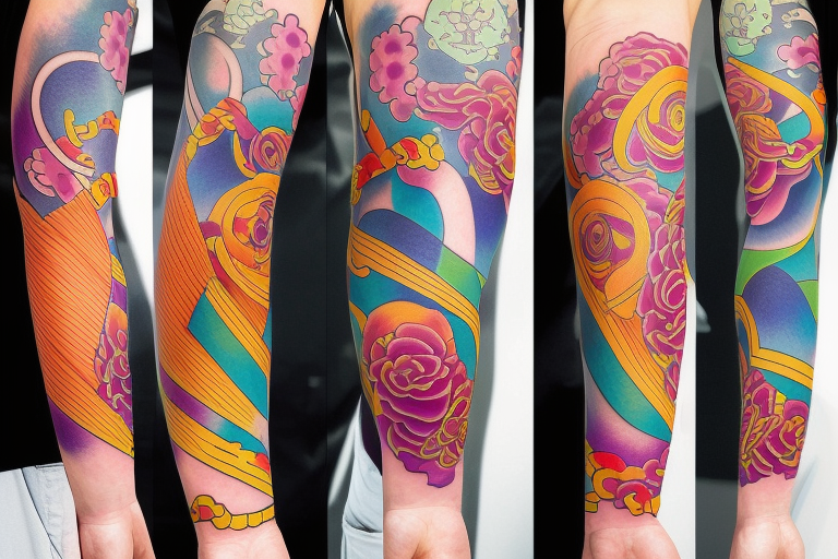 Colorful bright arm sleeve izumi tattoo idea