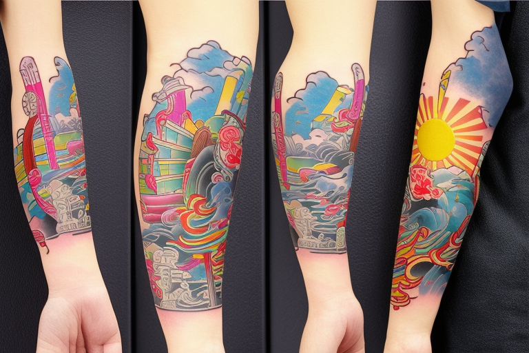 Colorful bright edo japan arm sleeve izumi tattoo idea