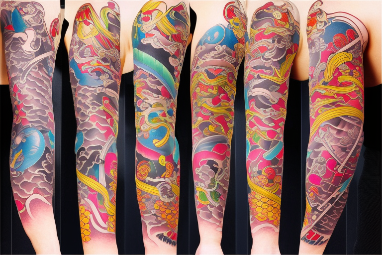 Colorful bright edo japan arm sleeve izumi tattoo idea