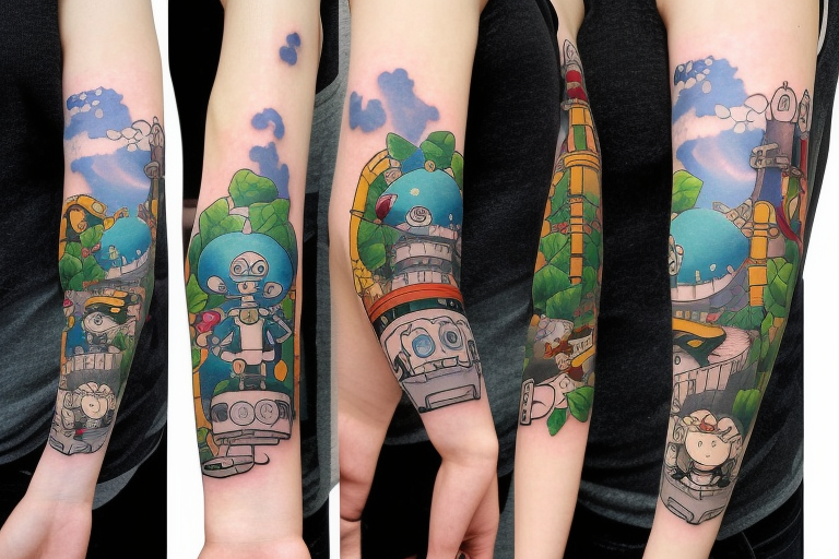 A tattoo for an arm, with ponyo, a robot from the castle in the sky, the moving castle in the universe of Hayao Miyazaki all surrounded by olive leaves. tattoo idea