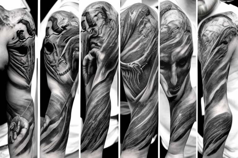 Sleeve tattoo. On the first plan blonde cute teen gutting Lucipher with the spoon. Above Loki good is loughing uproariously. Below them Thor is urinating at xenomorph. tattoo idea