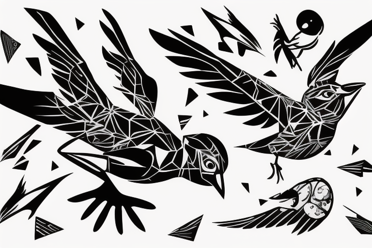 robin mid-flight, dynamic, only a little bit of red otherwise black and white, splatters, fluid tattoo idea