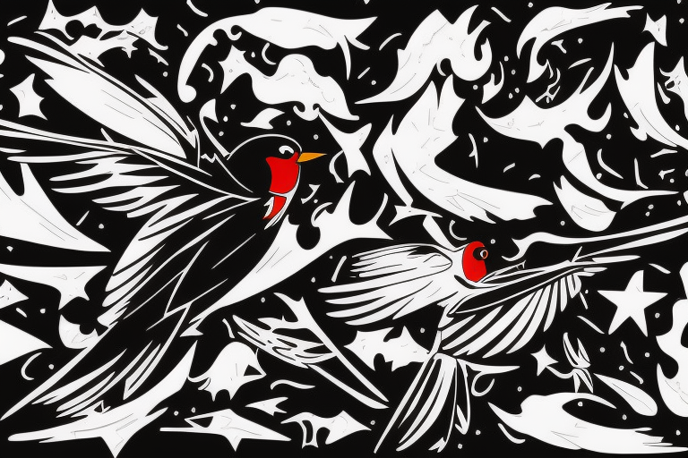 robin mid-flight, dynamic, only a little bit of red otherwise black and white, splatters, fluid tattoo idea